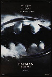 6g090 BATMAN RETURNS teaser 1sh '92 Tim Burton directed, the bat, the cat, the penguin!