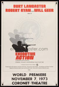 6g286 EXECUTIVE ACTION premiere advance 1sh '73 Burt Lancaster, Robert Ryan, JFK assassination!