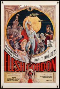 6g310 FLESH GORDON 1sh '74 sexy sci-fi spoof, wacky erotic super hero art by George Barr!