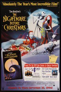 6g554 NIGHTMARE BEFORE CHRISTMAS video 1sh R94 Tim Burton, Disney, great Halloween horror image!