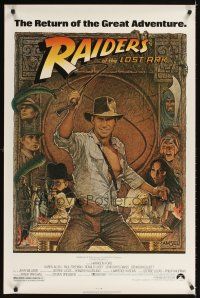 6g612 RAIDERS OF THE LOST ARK 1sh R82 great art of adventurer Harrison Ford by Richard Amsel!
