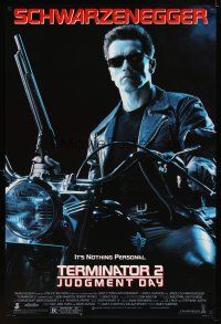 6g727 TERMINATOR 2 1sh '91 Arnold Schwarzenegger on motorcycle w/shotgun, it's nothing personal!