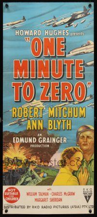 6e037 ONE MINUTE TO ZERO Aust daybill '52 art of Mitchum, Ann Blyth & fighter jets, Howard Hughes