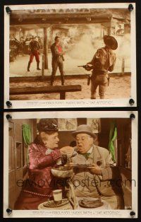 6f183 SAN ANTONIO 2 color 8x10 stills '45 cowboy Errol Flynn shooting guy, S.Z. Sakall, Texas!
