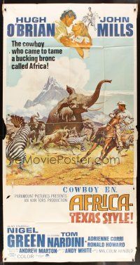 6h490 AFRICA - TEXAS STYLE 3sh '67 art of Hugh O'Brien roping zebra by stampeding animals!