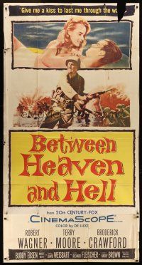 6h516 BETWEEN HEAVEN & HELL 3sh '56 barechested Robert Wagner romances sexy Terry Moore on ground!
