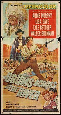 6h568 DRUMS ACROSS THE RIVER 3sh '54 Audie Murphy in an empire of savage hate, cool art!