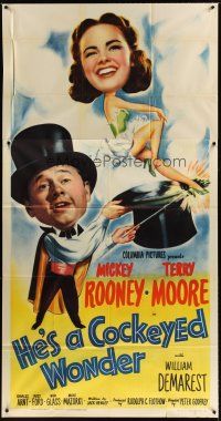 6h619 HE'S A COCKEYED WONDER 3sh '50 wacky art of magician Mickey Rooney & pretty Terry Moore!
