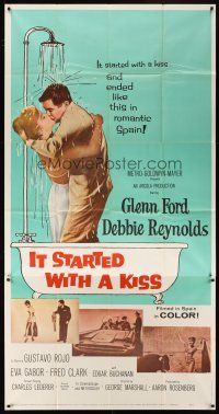 6h655 IT STARTED WITH A KISS 3sh '59 Glenn Ford & Debbie Reynolds kissing in shower in Spain!
