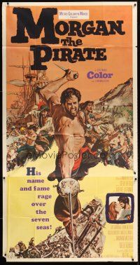 6h725 MORGAN THE PIRATE int'l 3sh '61 cool art of barechested swashbuckler Steve Reeves!
