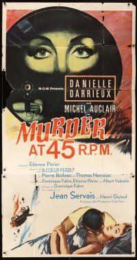 6h728 MURDER AT 45 RPM 3sh '59 cool crime artwork of Danielle Darrieux with gun, French!