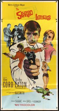 6h826 SCORPIO LETTERS 3sh '67 cool art of spy Alex Cord with pistol + sexy Shirley Eaton!