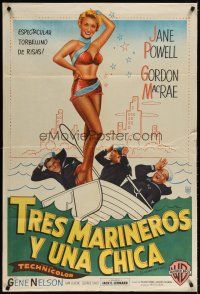 6h118 3 SAILORS & A GIRL Argentinean '54 art of sexiest Jane Powell in swimsuit with Navy sailors!