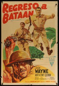 6h128 BACK TO BATAAN Argentinean '45 artwork of John Wayne & Anthony Quinn in World War II!