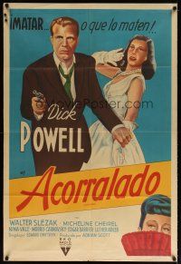 6h149 CORNERED Argentinean '46 art of Dick Powell pointing gun & Michelene Cheirel!