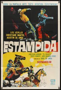 6h205 LA ESTAMPIDA Argentinean '59 cool art of Mexican cowboy Luis Aguilar beating up bad guy!