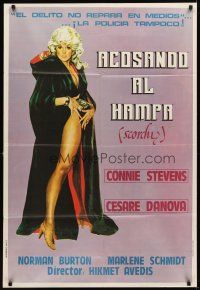 6h242 SCORCHY Argentinean '76 art of sexiest barely-dressed Connie Stevens in black cape!