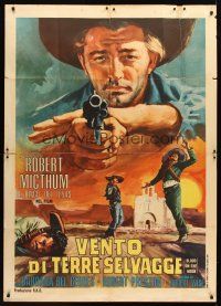 6h308 BLOOD ON THE MOON Italian 1p R60s cool different art of cowboy Robert Mitchum pointing gun!