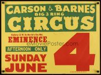 6j202 CARSON & BARNES BIG 3-RING CIRCUS circus poster '60s afternoon only in Eminence!