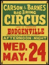 6j204 CARSON & BARNES BIG 3-RING CIRCUS circus poster '60s Larue Fairgrounds in Hodgenville!