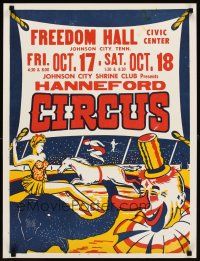 6j234 HANNEFORD CIRCUS Freedom Hall verticle style circus poster '70s art of clown & acts!