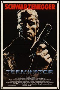 6j589 TERMINATOR Spanish/U.S. 1-stop poster '84 different art of cyborg Arnold Schwarzenegger with gun!
