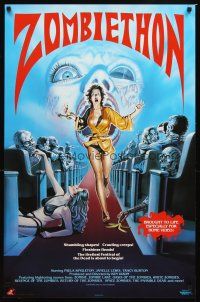 6j558 ZOMBIETHON video poster '86 Winston art of sexy girl in theater aisle surrounded by ghouls!