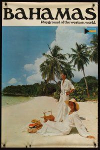 6j118 BAHAMAS PLAYGROUND OF THE WESTERN WORLD travel poster '80s image of couple & picnic!