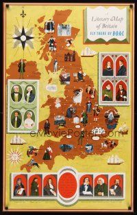 6j138 BOAC LITERARY MAP English travel poster '50s writers and historical sites in Britain!