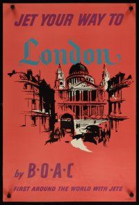 6j139 BOAC LONDON English travel poster '57 wonderful artwork of street scene!