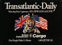 6j143 BRITISH CALEDONIAN TRANSATLANTIC DAILY English travel poster '80 great art of lion!