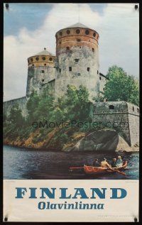 6j147 FINLAND Finnish travel poster '59 cool image of fortress by sea, Olavinlinna!