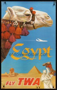 6j081 FLY TWA EGYPT travel poster '60s David Klein art of camel & pyramids!