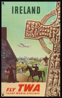 6j082 FLY TWA IRELAND travel poster '50s Greco art of countryside & Constellation flying over!