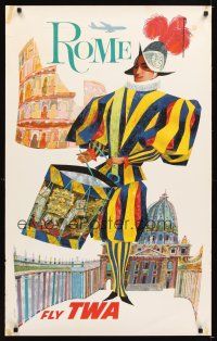 6j084 FLY TWA ROME travel poster '60s David Klein art of colorful soldier beating drum!