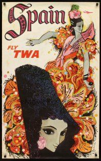 6j085 FLY TWA SPAIN travel poster '60s David Klein art of pretty Spanish dancer!