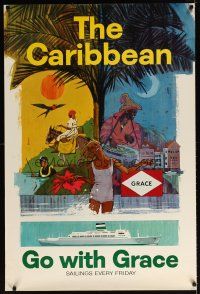 6j121 GRACE THE CARIBBEAN travel poster '67 cool colorful art of cruise ship & people!
