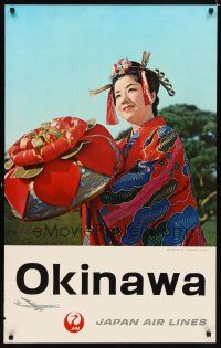 6j182 JAPAN AIR LINES OKINAWA Japanese travel poster '62 image of pretty woman in traditional dress!