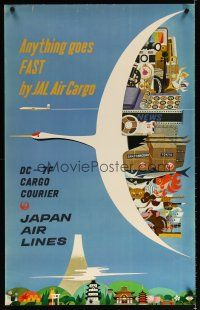 6j180 JAPAN AIR LINES ANYTHING GOES FAST Japanese travel poster '60s cool art of cargo transport!