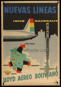 6j124 LLOYD AEREO BOLIVIANO Argentinean travel poster '50s Pentito art of country & aircraft!
