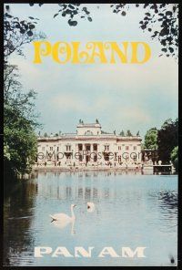 6j107 PAN AM POLAND travel poster '70 great image of mansion & swans on lake!