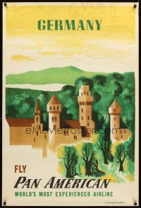 6j108 PAN AMERICAN GERMANY travel poster '50s Kauffer artwork of castle & countryside!