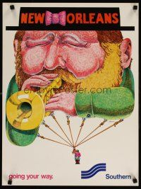 6j116 SOUTHERN NEW ORLEANS travel poster '70s Brewer artwork of jazz trumpeter!