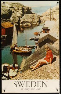 6j190 SWEDEN THE SUNNY WEST COAST Swedish travel poster '60s great image of sunbather & harbor!