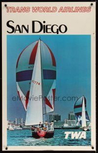 6j088 TRANS WORLD AIRLINES SAN DIEGO travel poster '80s cool image of sailboats in harbor!