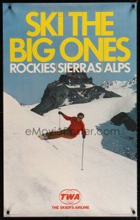 6j090 TWA SKI THE BIG ONES travel poster '69 cool image of skier & mountains!