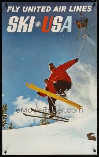 6j095 UNITED AIRLINES SKI USA travel poster '60s wonderful image of skiers in mid-jump!