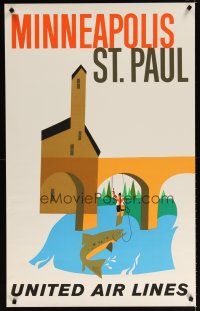 6j091 UNITED AIR LINES MINNEAPOLIS ST. PAUL travel poster '50s artwork of fisherman & trout!