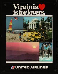 6j096 UNITED AIRLINES VIRGINIA IS FOR LOVERS travel poster '80s cool images of beach & sunset!