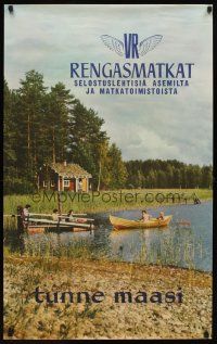 6j151 VR RENGASMATKAT Finnish travel poster '58 cool image of lakeside cabin & family!